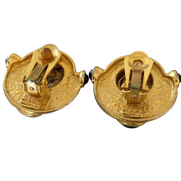 Vintage rare Caralina gold tone clip on Greek revival earrings cabochon coin - Picture 8 of 10